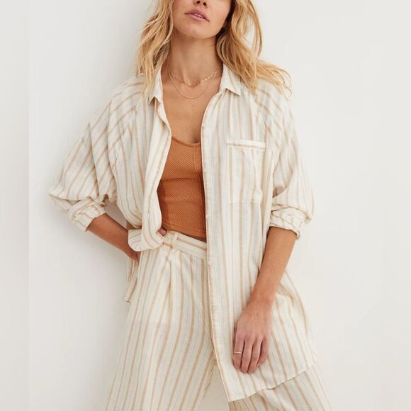 Aerie Two-Piece Set – Striped Button-Down Shirt L High-Waist Wide-Leg Pants M - Picture 1 of 16